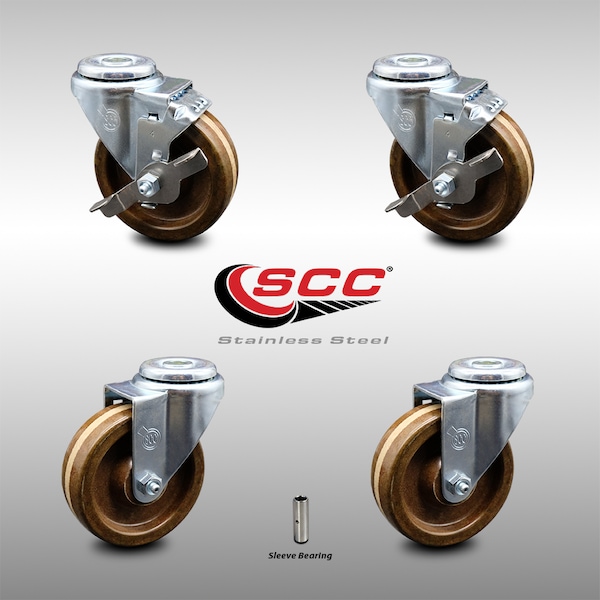 4 Inch SS High Temp Phenolic Wheel Swivel Bolt Hole Caster Set with 2 Brake SCC